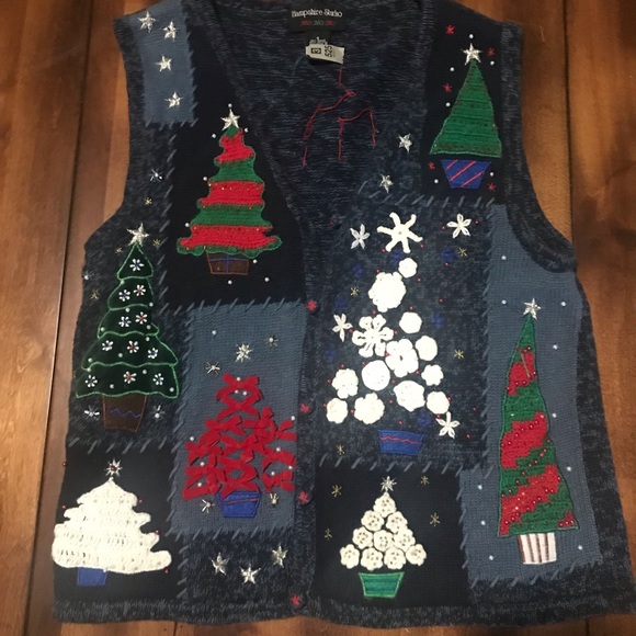 Vintage Christmas Sweater Vest Cardigan with Stitched Christmas Tree Des… - Picture 1 of 5
